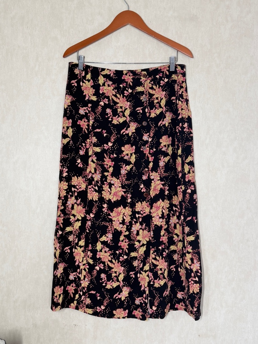 Free People Black Floral Midi Skirt with Pink and Yellow Accents - Picture 5 of 14